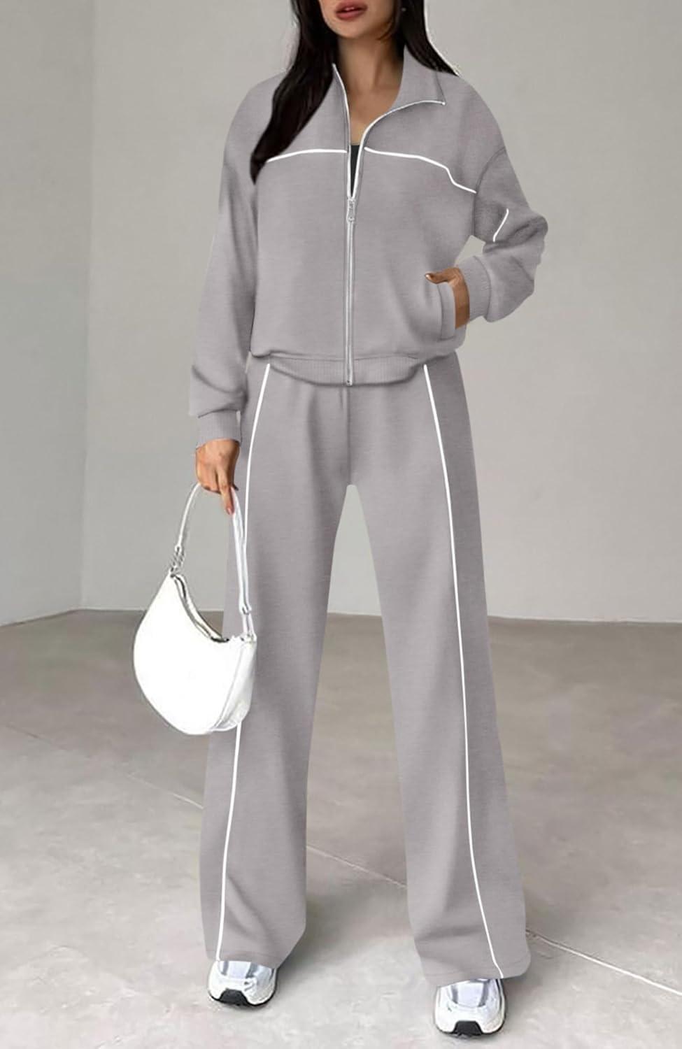 imageBTFBM Womens Two Piece Tracksuit Spring 2026 Long Sleeve Zip Up Sweatshirt Long Pants Outfits Jogger Sweatsuit SetsGrey