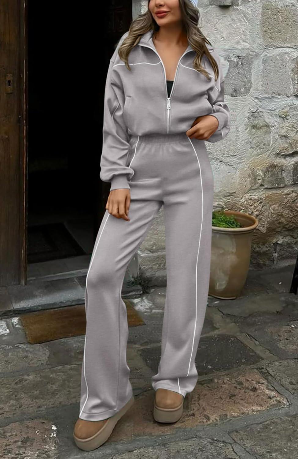 imageBTFBM Womens Two Piece Tracksuit Spring 2026 Long Sleeve Zip Up Sweatshirt Long Pants Outfits Jogger Sweatsuit SetsGrey