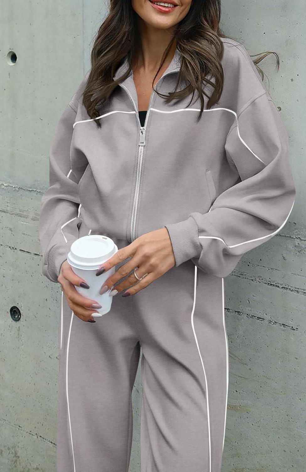 imageBTFBM Womens Two Piece Tracksuit Spring 2026 Long Sleeve Zip Up Sweatshirt Long Pants Outfits Jogger Sweatsuit SetsGrey