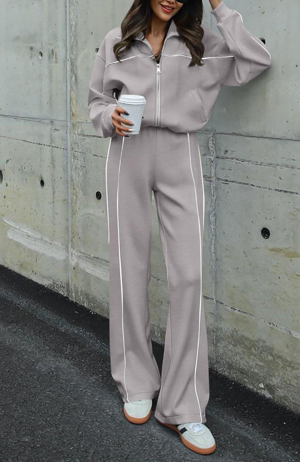 imageBTFBM Womens Two Piece Tracksuit Spring 2026 Long Sleeve Zip Up Sweatshirt Long Pants Outfits Jogger Sweatsuit SetsGrey