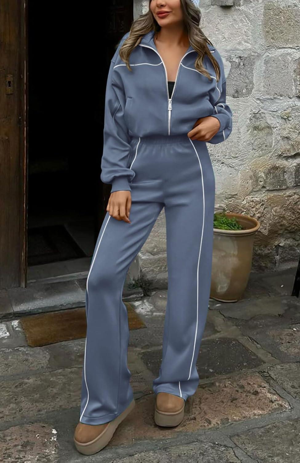 imageBTFBM Womens Two Piece Tracksuit Spring 2026 Long Sleeve Zip Up Sweatshirt Long Pants Outfits Jogger Sweatsuit SetsGrey Blue