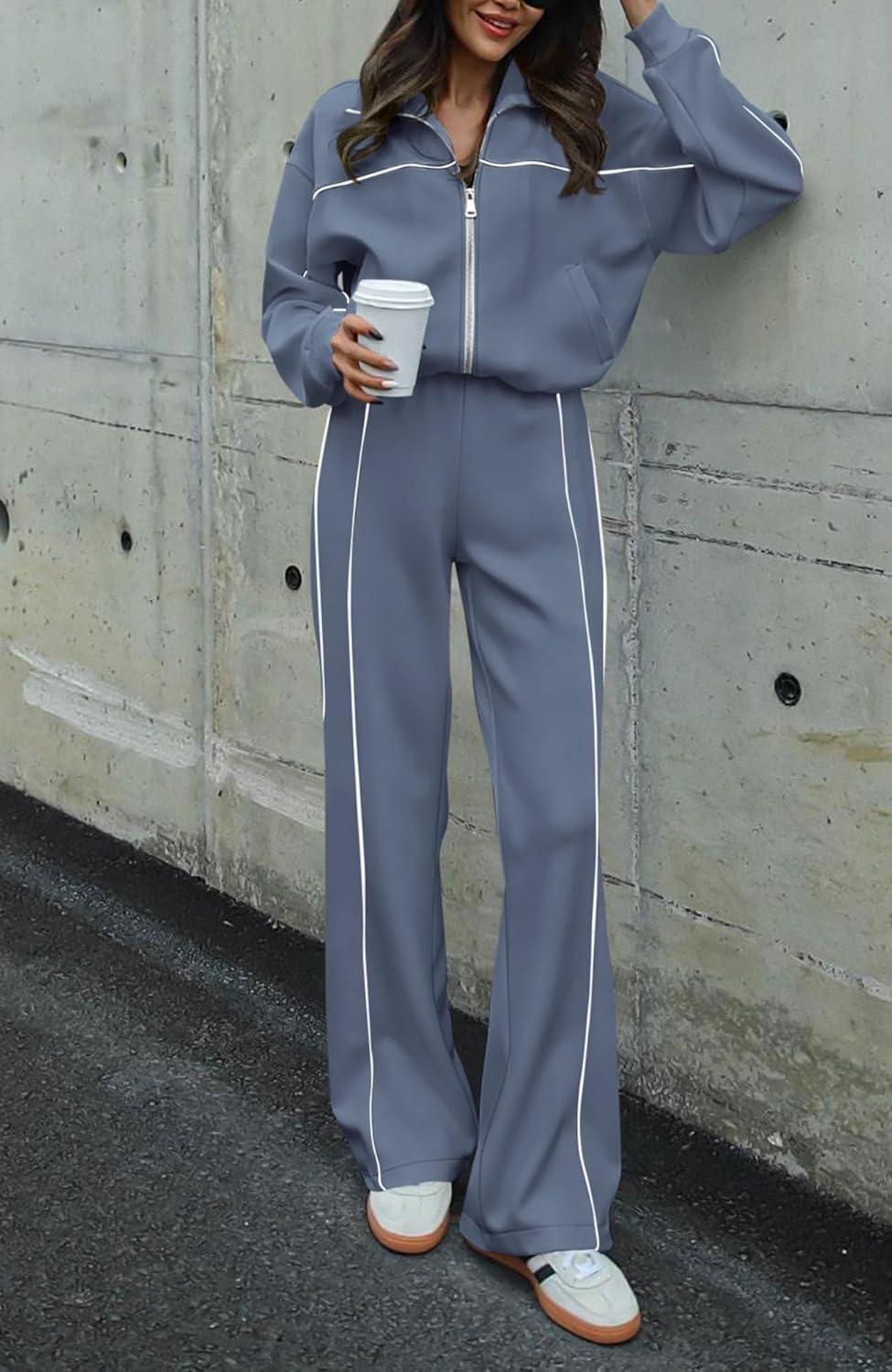 imageBTFBM Womens Two Piece Tracksuit Spring 2026 Long Sleeve Zip Up Sweatshirt Long Pants Outfits Jogger Sweatsuit SetsGrey Blue