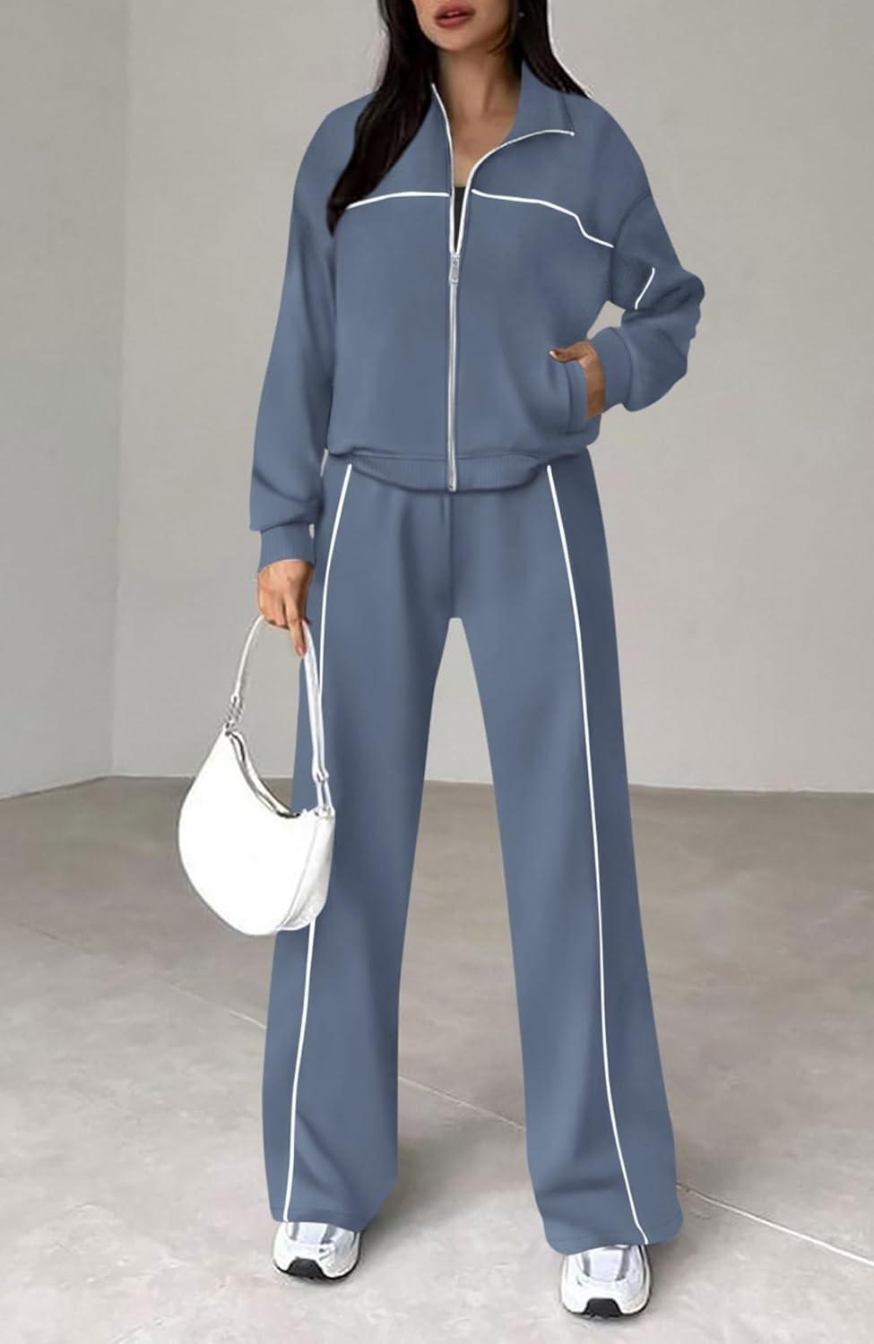 imageBTFBM Womens Two Piece Tracksuit Spring 2026 Long Sleeve Zip Up Sweatshirt Long Pants Outfits Jogger Sweatsuit SetsGrey Blue