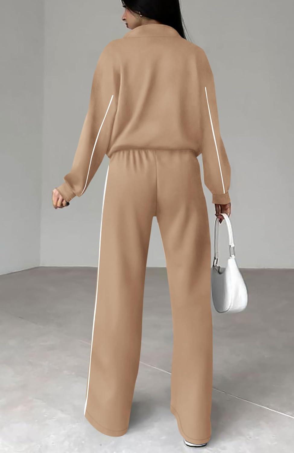imageBTFBM Womens Two Piece Tracksuit Spring 2026 Long Sleeve Zip Up Sweatshirt Long Pants Outfits Jogger Sweatsuit SetsKhaki