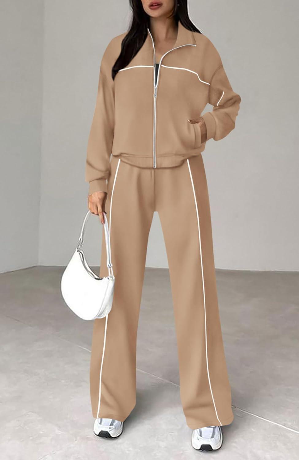 imageBTFBM Womens Two Piece Tracksuit Spring 2026 Long Sleeve Zip Up Sweatshirt Long Pants Outfits Jogger Sweatsuit SetsKhaki