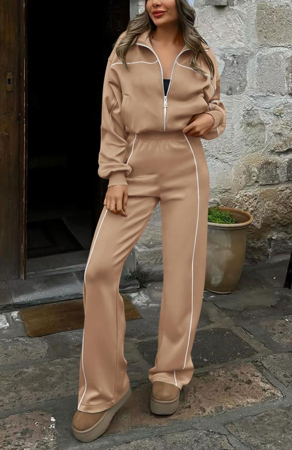 imageBTFBM Womens Two Piece Tracksuit Spring 2026 Long Sleeve Zip Up Sweatshirt Long Pants Outfits Jogger Sweatsuit SetsKhaki