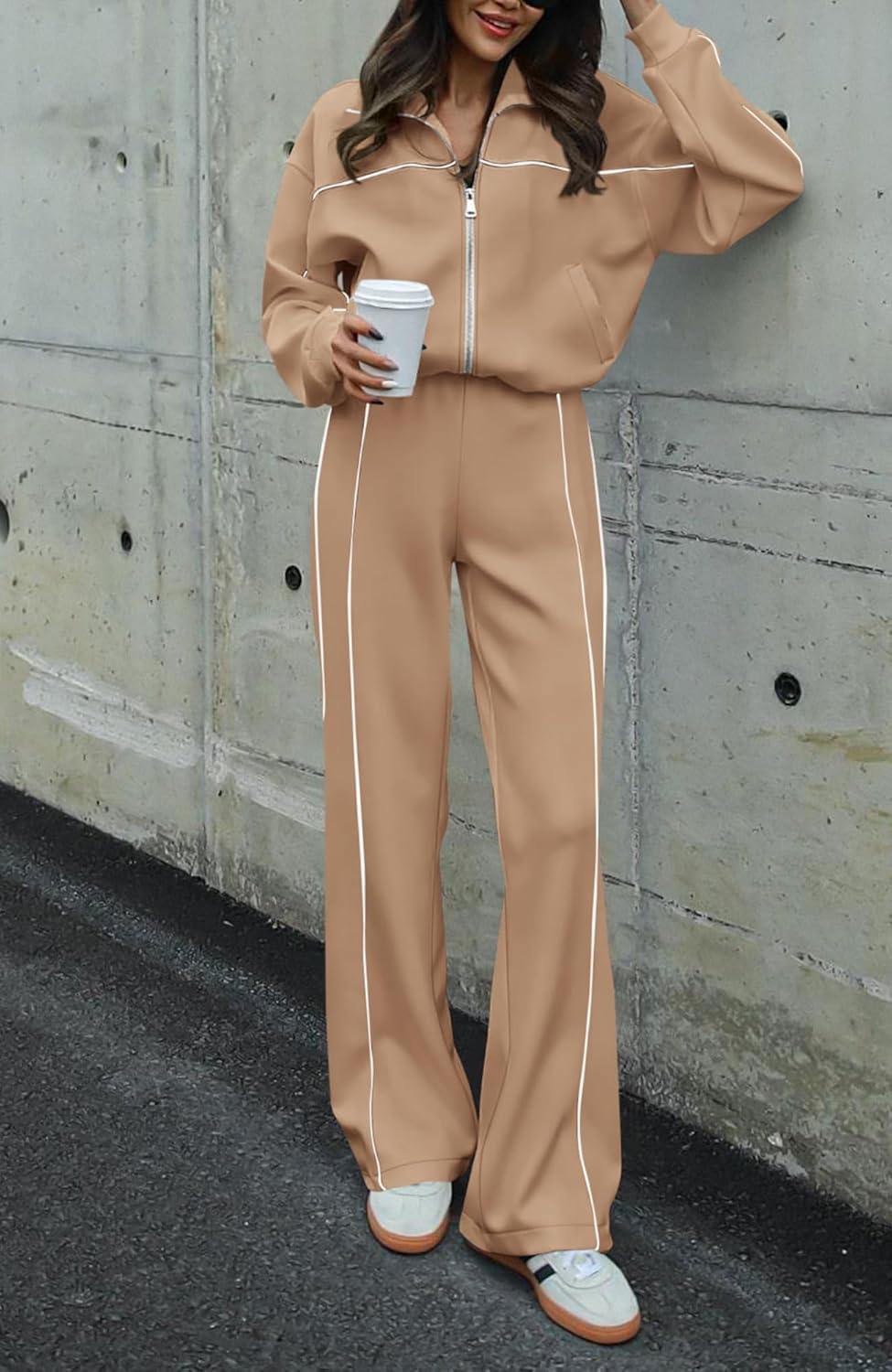 imageBTFBM Womens Two Piece Tracksuit Spring 2026 Long Sleeve Zip Up Sweatshirt Long Pants Outfits Jogger Sweatsuit SetsKhaki