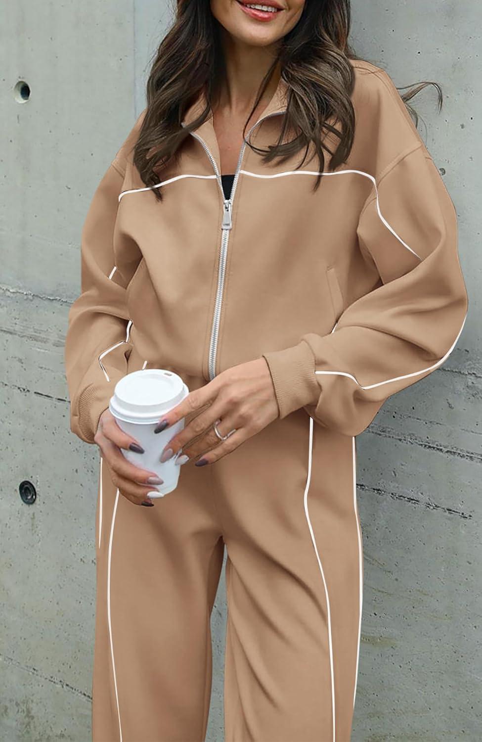 imageBTFBM Womens Two Piece Tracksuit Spring 2026 Long Sleeve Zip Up Sweatshirt Long Pants Outfits Jogger Sweatsuit SetsKhaki