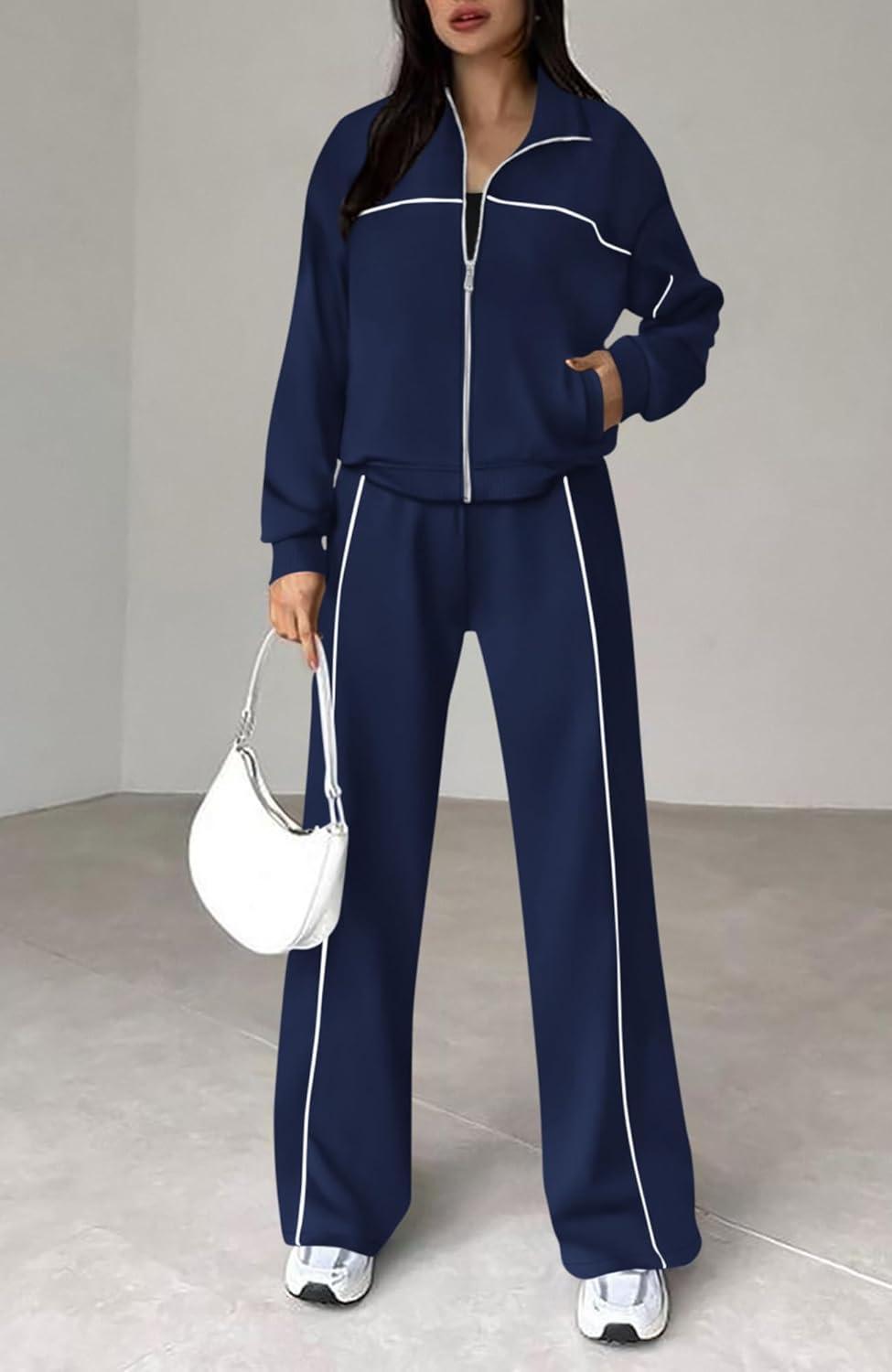 imageBTFBM Womens Two Piece Tracksuit Spring 2026 Long Sleeve Zip Up Sweatshirt Long Pants Outfits Jogger Sweatsuit SetsNavy Blue