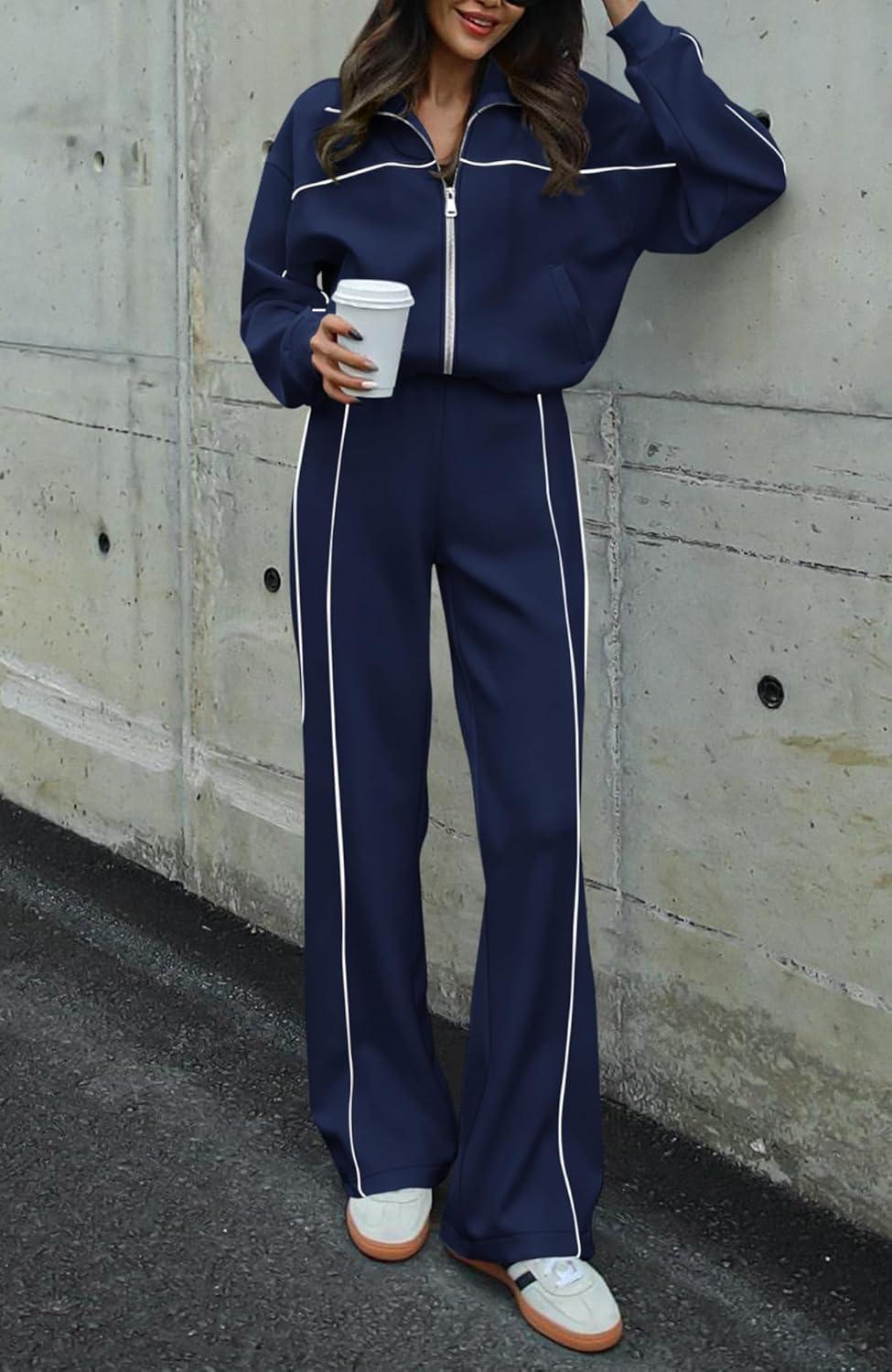 imageBTFBM Womens Two Piece Tracksuit Spring 2026 Long Sleeve Zip Up Sweatshirt Long Pants Outfits Jogger Sweatsuit SetsNavy Blue
