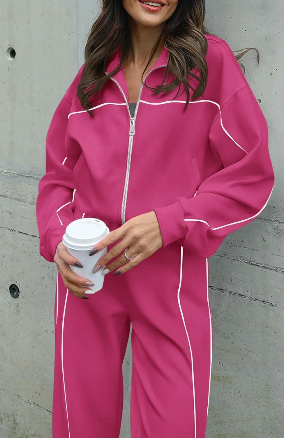 imageBTFBM Womens Two Piece Tracksuit Spring 2026 Long Sleeve Zip Up Sweatshirt Long Pants Outfits Jogger Sweatsuit SetsRose Red