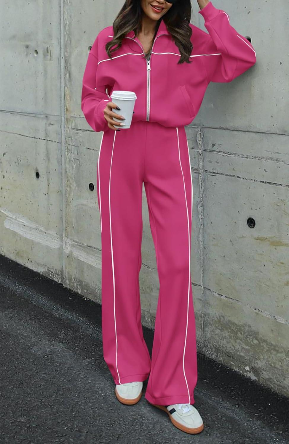 imageBTFBM Womens Two Piece Tracksuit Spring 2026 Long Sleeve Zip Up Sweatshirt Long Pants Outfits Jogger Sweatsuit SetsRose Red