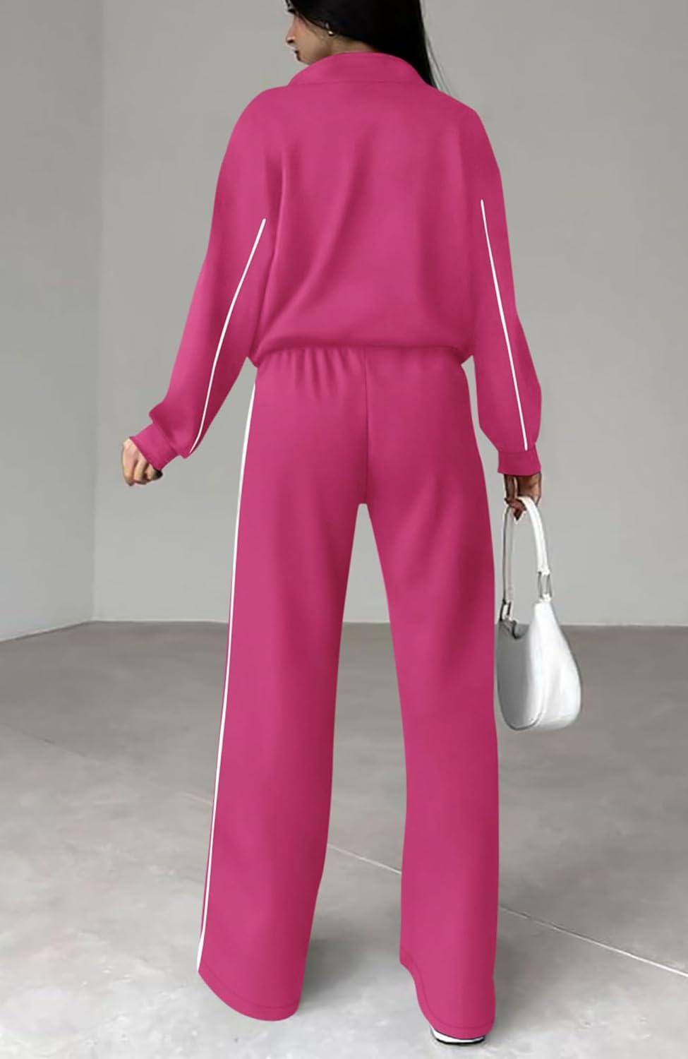 imageBTFBM Womens Two Piece Tracksuit Spring 2026 Long Sleeve Zip Up Sweatshirt Long Pants Outfits Jogger Sweatsuit SetsRose Red