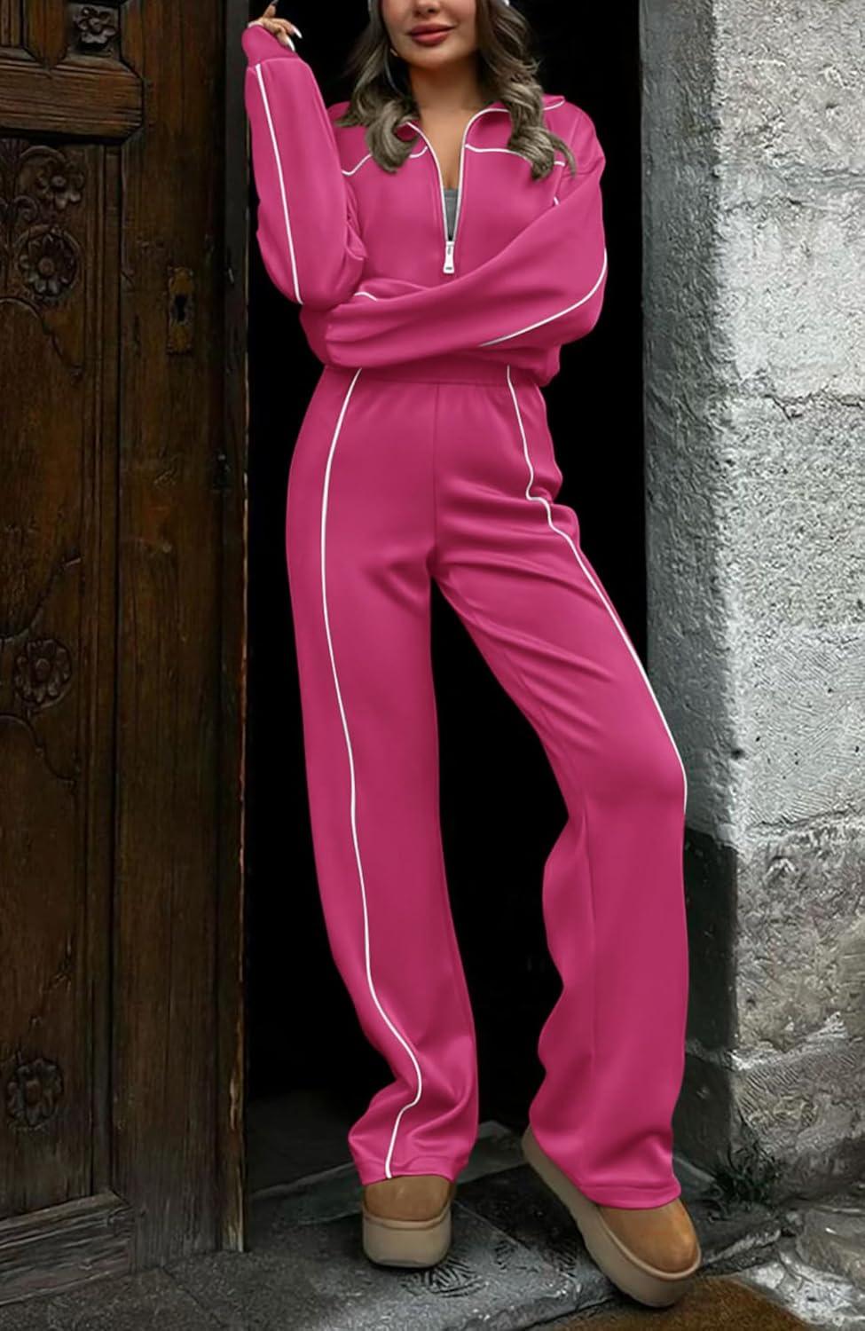 imageBTFBM Womens Two Piece Tracksuit Spring 2026 Long Sleeve Zip Up Sweatshirt Long Pants Outfits Jogger Sweatsuit SetsRose Red