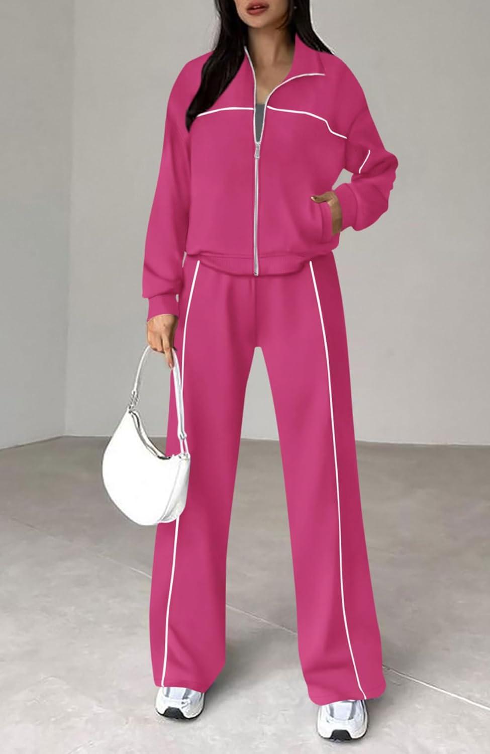 imageBTFBM Womens Two Piece Tracksuit Spring 2026 Long Sleeve Zip Up Sweatshirt Long Pants Outfits Jogger Sweatsuit SetsRose Red