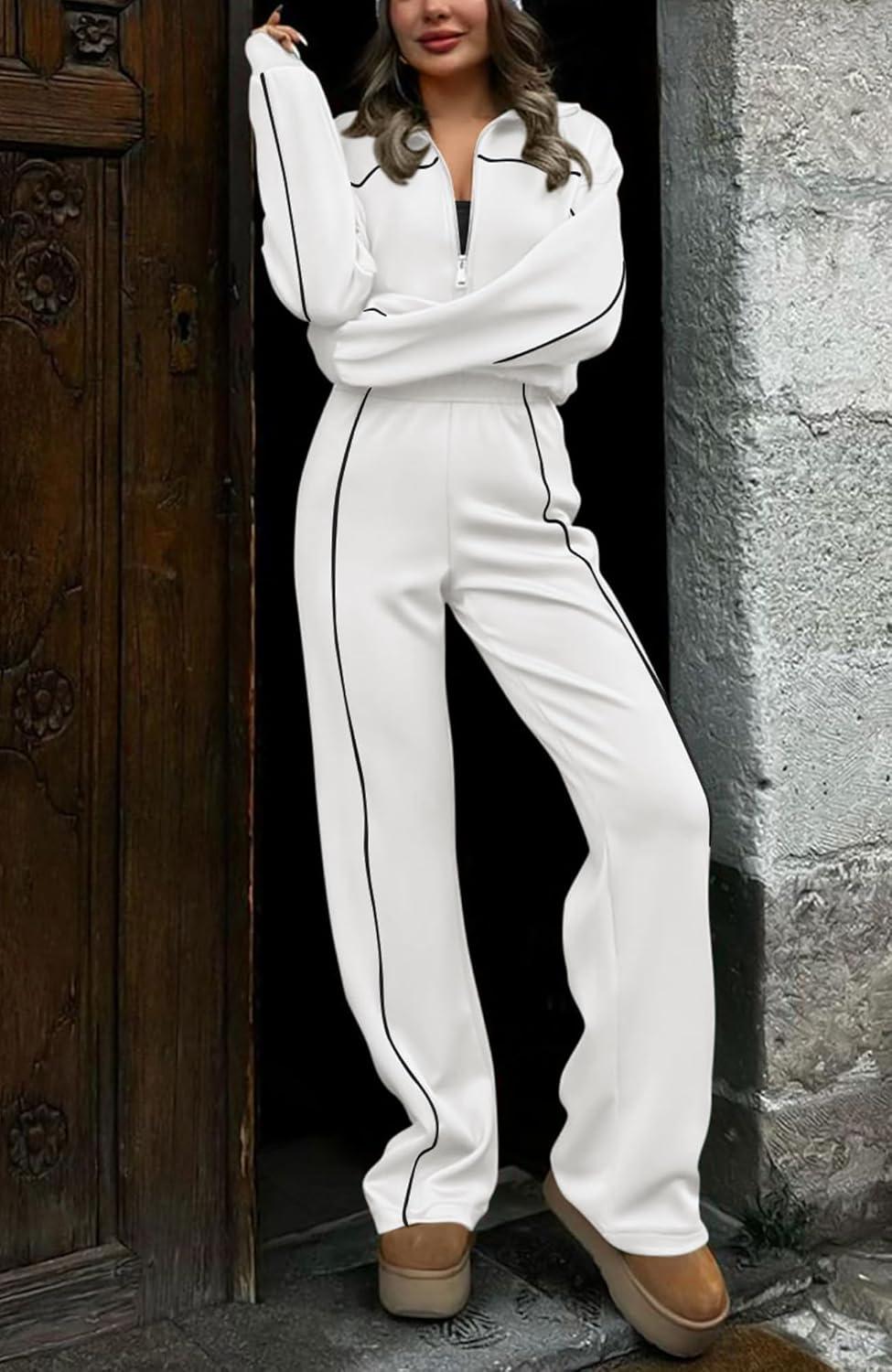 imageBTFBM Womens Two Piece Tracksuit Spring 2026 Long Sleeve Zip Up Sweatshirt Long Pants Outfits Jogger Sweatsuit SetsWhite
