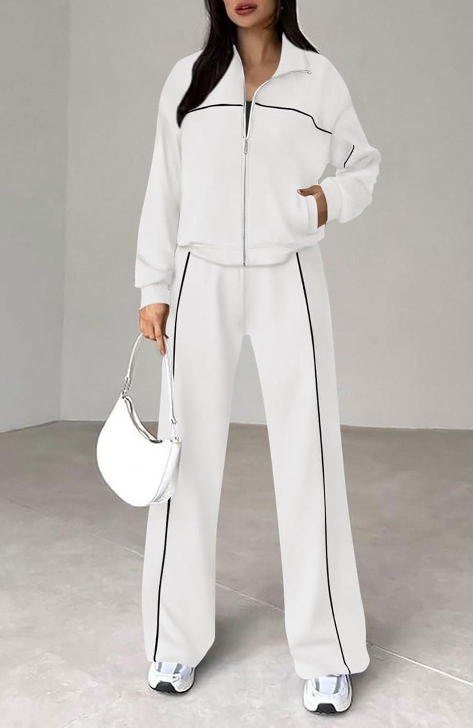 imageBTFBM Womens Two Piece Tracksuit Spring 2026 Long Sleeve Zip Up Sweatshirt Long Pants Outfits Jogger Sweatsuit SetsWhite