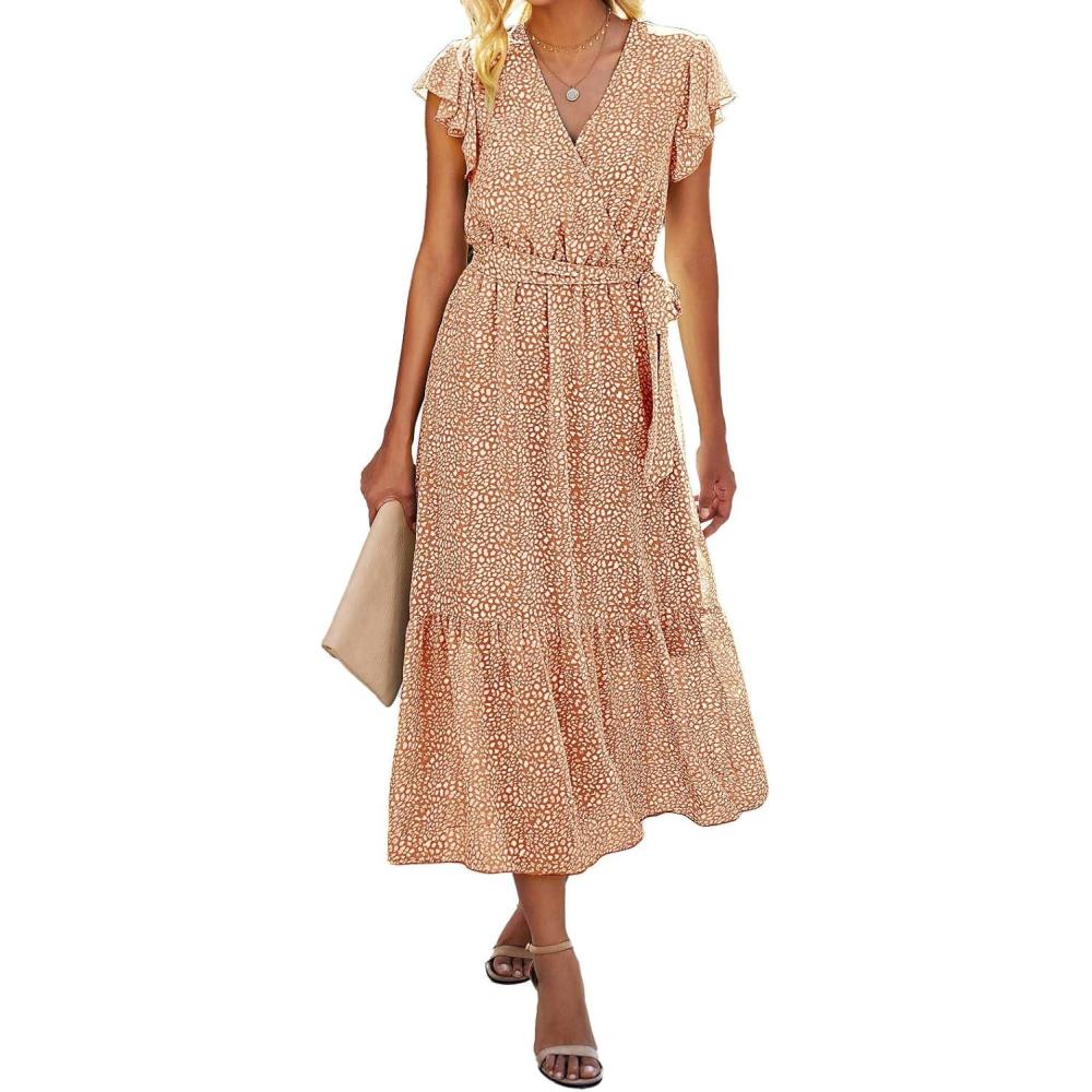 imageBTFBM Women Summer Bohemian Floral Casual Wrap V Neck Ruffle Cap Sleeveless Belt ALine Pleated Hem Midi Sun Dress WhiteCoffeeWhiteBrown