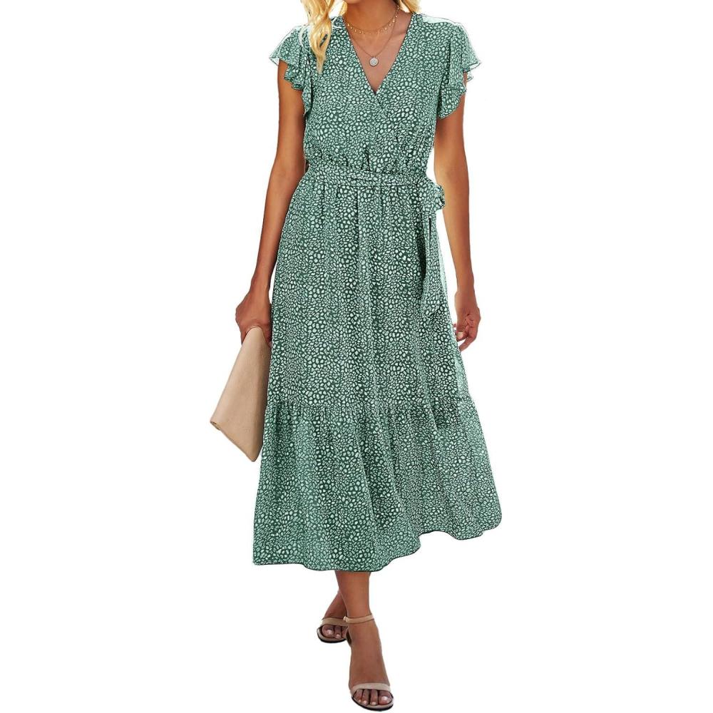 imageBTFBM Women Summer Bohemian Floral Casual Wrap V Neck Ruffle Cap Sleeveless Belt ALine Pleated Hem Midi Sun Dress WhiteDark Green