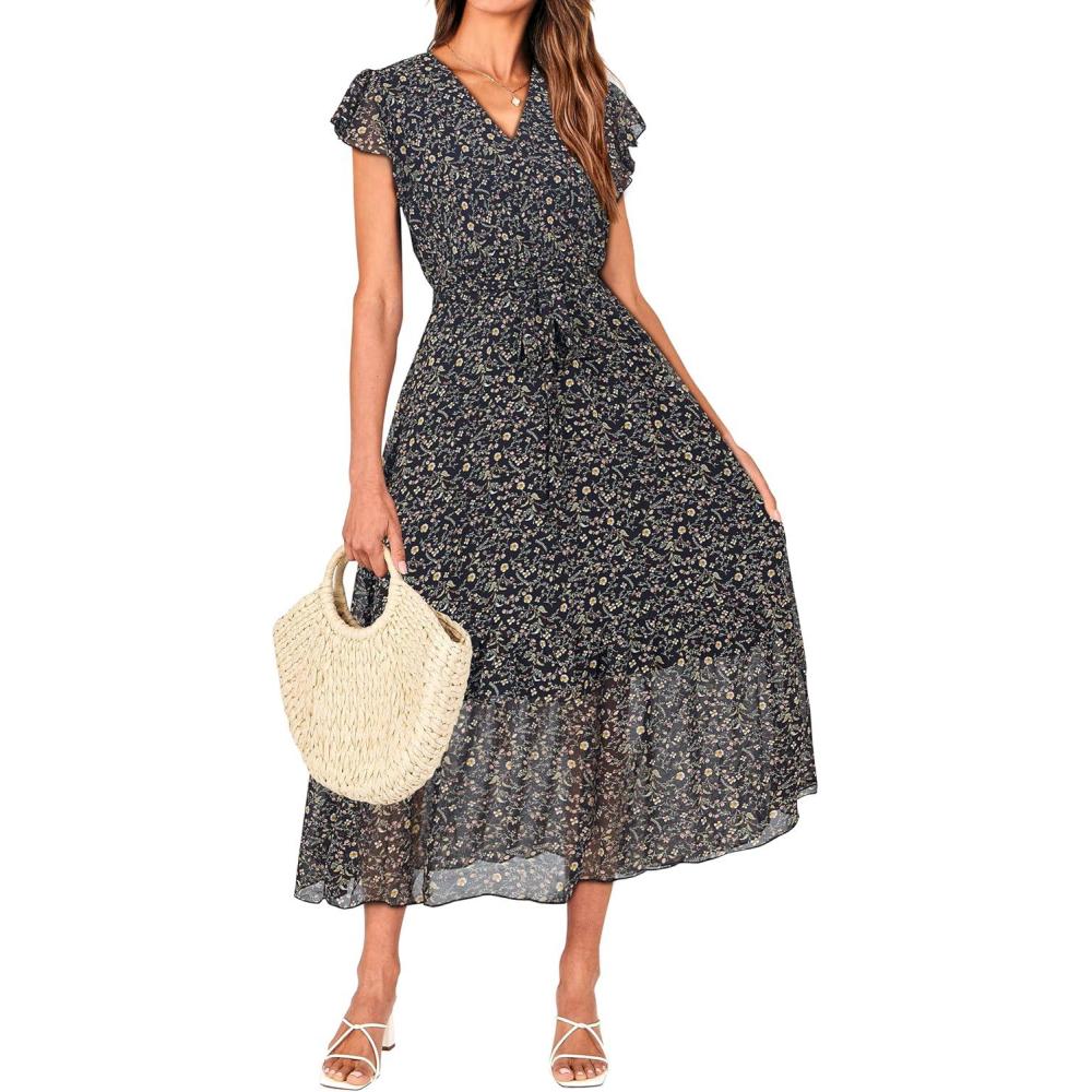 imageBTFBM Women Summer Bohemian Floral Casual Wrap V Neck Ruffle Cap Sleeveless Belt ALine Pleated Hem Midi Sun Dress WhiteFloral Black