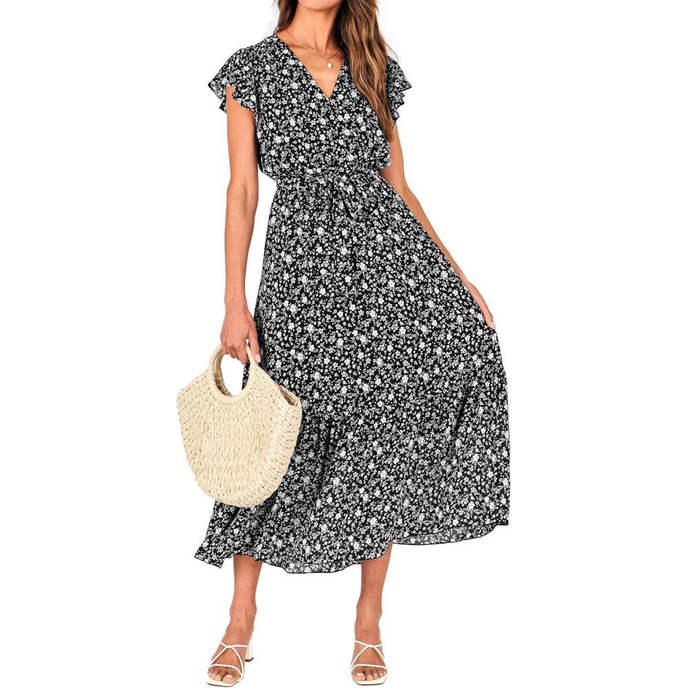 imageBTFBM Women Summer Bohemian Floral Casual Wrap V Neck Ruffle Cap Sleeveless Belt ALine Pleated Hem Midi Sun Dress WhiteFloral White Black