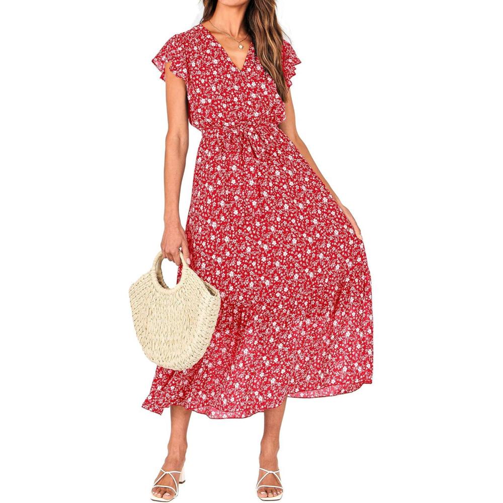 imageBTFBM Women Summer Bohemian Floral Casual Wrap V Neck Ruffle Cap Sleeveless Belt ALine Pleated Hem Midi Sun Dress WhiteFloral White Red