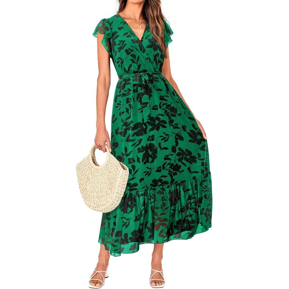 imageBTFBM Women Summer Bohemian Floral Casual Wrap V Neck Ruffle Cap Sleeveless Belt ALine Pleated Hem Midi Sun Dress WhiteGreen Big Floral