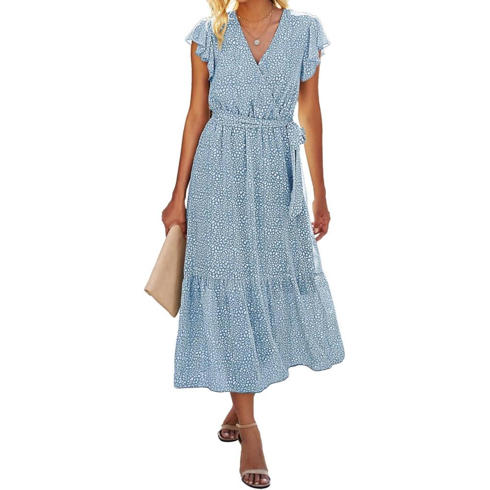 imageBTFBM Women Summer Bohemian Floral Casual Wrap V Neck Ruffle Cap Sleeveless Belt ALine Pleated Hem Midi Sun Dress WhiteLight Blue