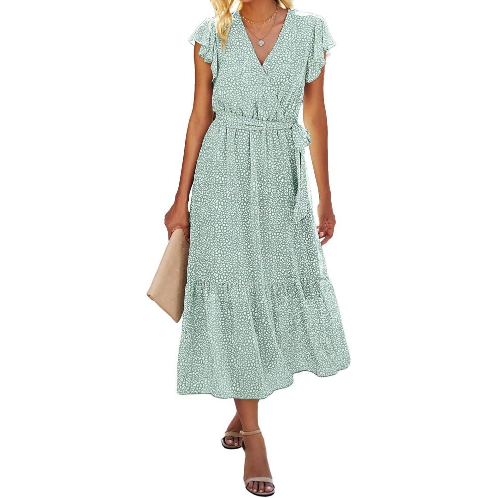 imageBTFBM Women Summer Bohemian Floral Casual Wrap V Neck Ruffle Cap Sleeveless Belt ALine Pleated Hem Midi Sun Dress WhiteLight Green
