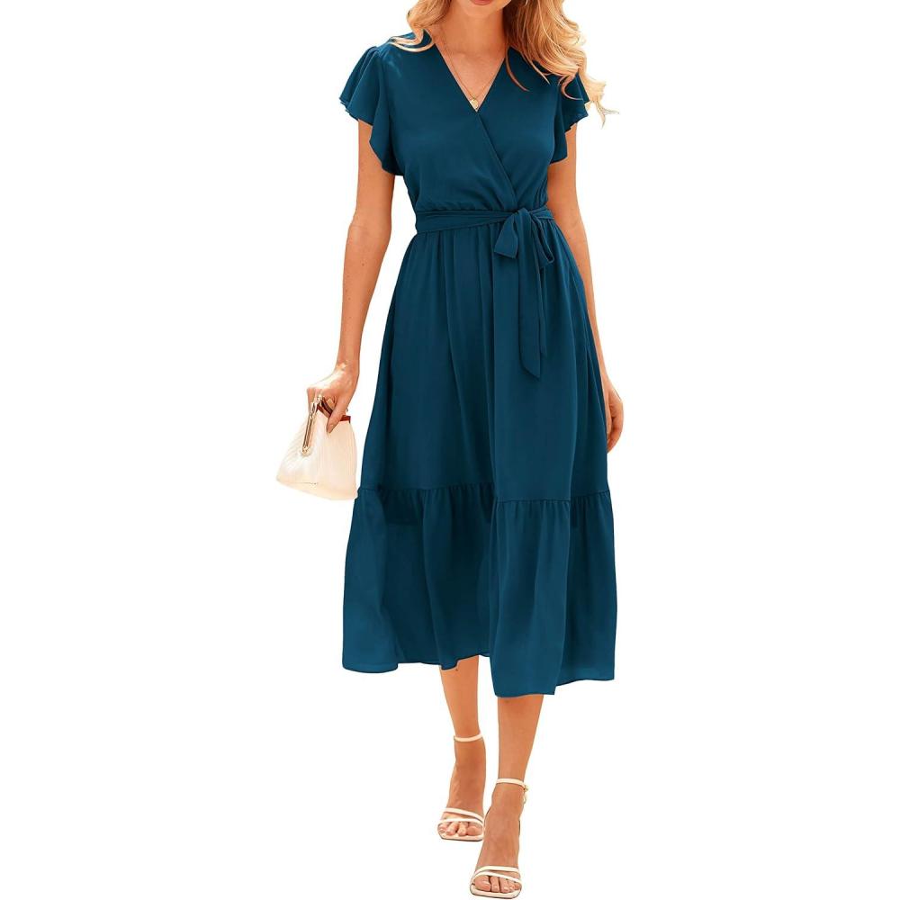 imageBTFBM Women Summer Bohemian Floral Casual Wrap V Neck Ruffle Cap Sleeveless Belt ALine Pleated Hem Midi Sun Dress WhiteSolid Lake Blue