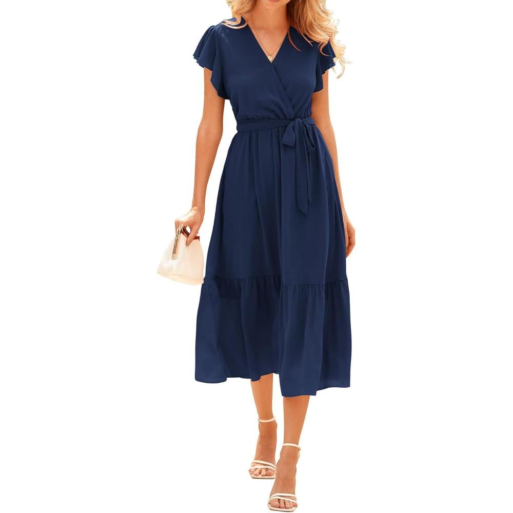 imageBTFBM Women Summer Bohemian Floral Casual Wrap V Neck Ruffle Cap Sleeveless Belt ALine Pleated Hem Midi Sun Dress WhiteSolid Navy