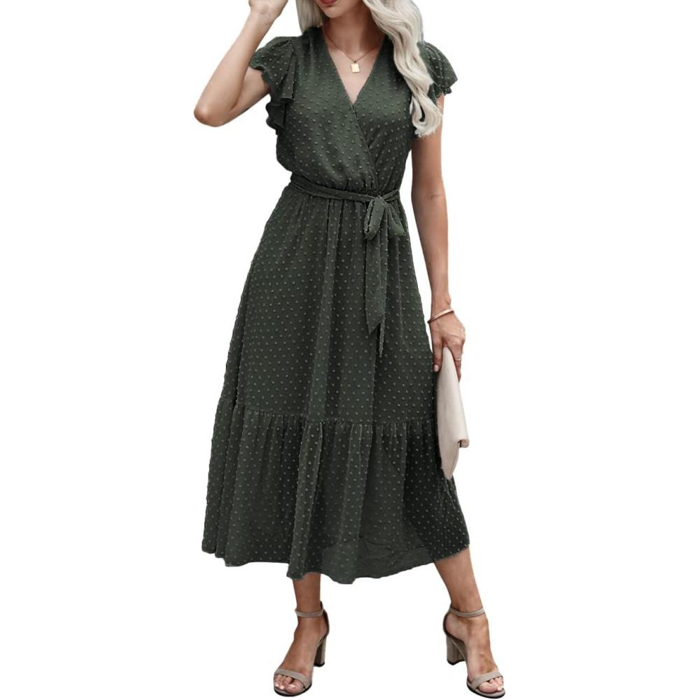 imageBTFBM Women Summer Bohemian Floral Casual Wrap V Neck Ruffle Cap Sleeveless Belt ALine Pleated Hem Midi Sun Dress WhiteSwiss Dot Army Green