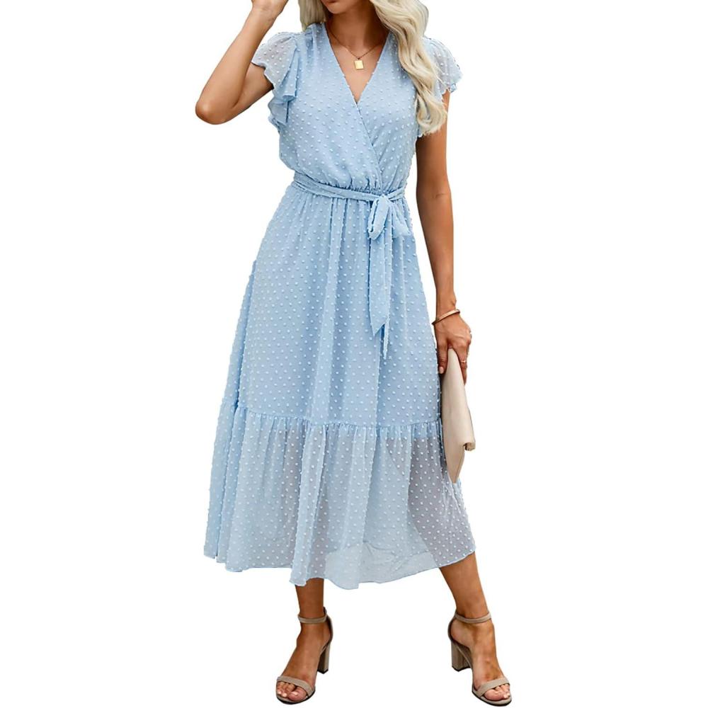imageBTFBM Women Summer Bohemian Floral Casual Wrap V Neck Ruffle Cap Sleeveless Belt ALine Pleated Hem Midi Sun Dress WhiteSwiss Dot Light Blue