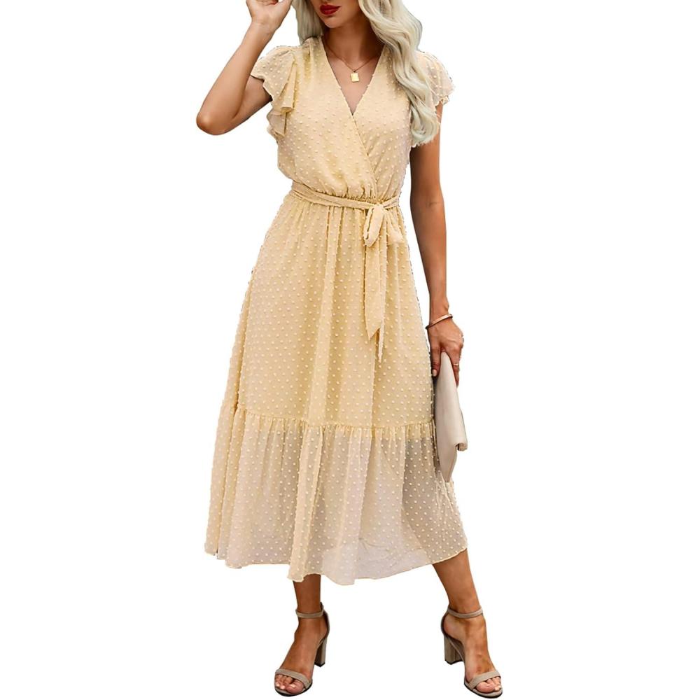 imageBTFBM Women Summer Bohemian Floral Casual Wrap V Neck Ruffle Cap Sleeveless Belt ALine Pleated Hem Midi Sun Dress WhiteSwiss Dot Light Yellow