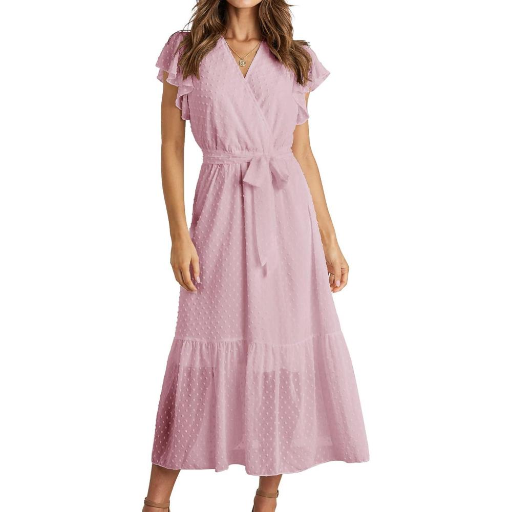 imageBTFBM Women Summer Bohemian Floral Casual Wrap V Neck Ruffle Cap Sleeveless Belt ALine Pleated Hem Midi Sun Dress WhiteSwiss Dot Pink