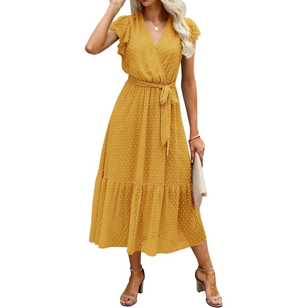 imageBTFBM Women Summer Bohemian Floral Casual Wrap V Neck Ruffle Cap Sleeveless Belt ALine Pleated Hem Midi Sun Dress WhiteSwiss Dot Turmeric