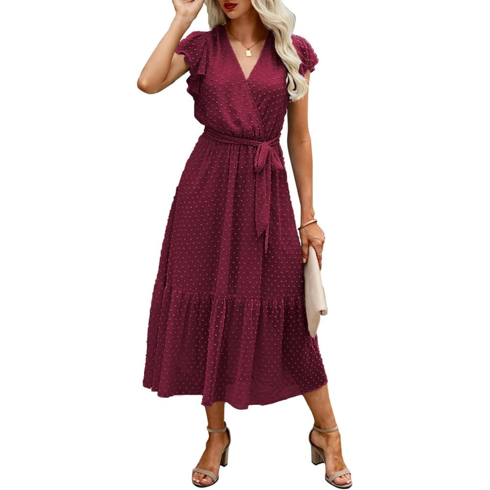imageBTFBM Women Summer Bohemian Floral Casual Wrap V Neck Ruffle Cap Sleeveless Belt ALine Pleated Hem Midi Sun Dress WhiteSwiss Dot Wine Red