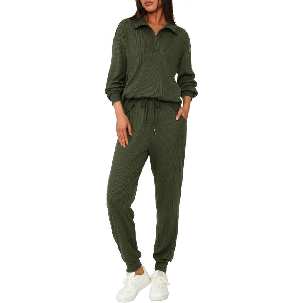 imageBTFBM Womens 2 Piece Tracksuit Spring Outfits 2026 Long Sleeve Half Zip Sweatshirt Sweatpants Lounge Set SweatsuitsSolid Army Green