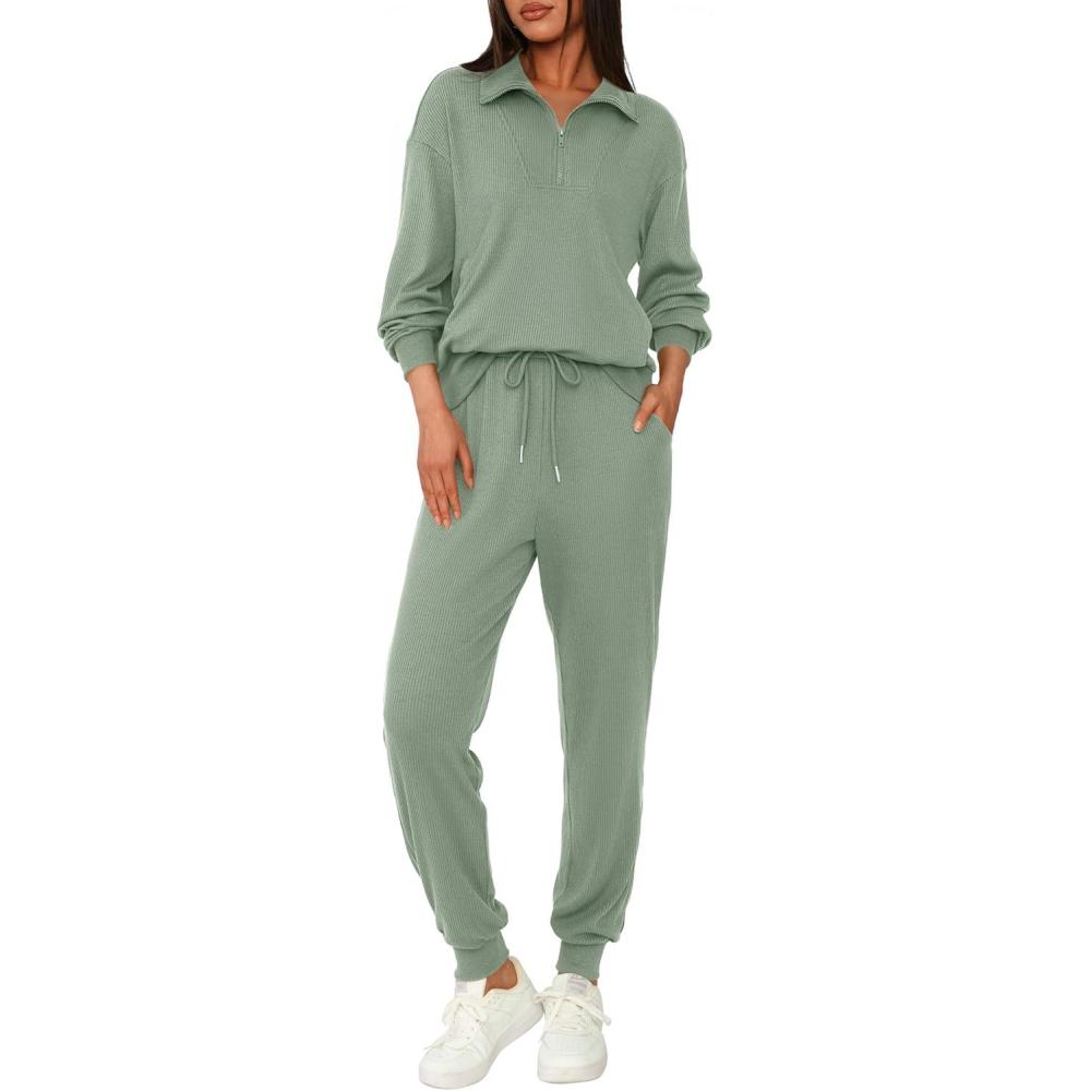 imageBTFBM Womens 2 Piece Tracksuit Spring Outfits 2026 Long Sleeve Half Zip Sweatshirt Sweatpants Lounge Set SweatsuitsSolid Fruit Green