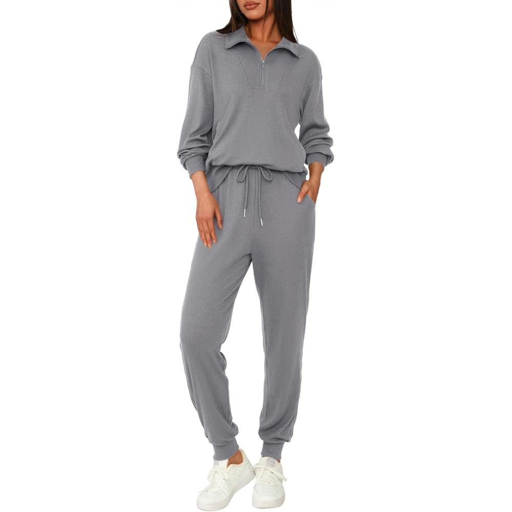 imageBTFBM Womens 2 Piece Tracksuit Spring Outfits 2026 Long Sleeve Half Zip Sweatshirt Sweatpants Lounge Set SweatsuitsSolid Grey