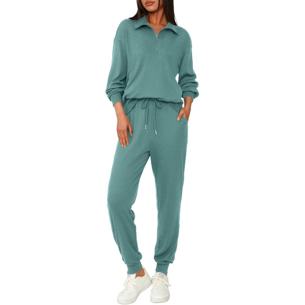 imageBTFBM Womens 2 Piece Tracksuit Spring Outfits 2026 Long Sleeve Half Zip Sweatshirt Sweatpants Lounge Set SweatsuitsSolid Light Green