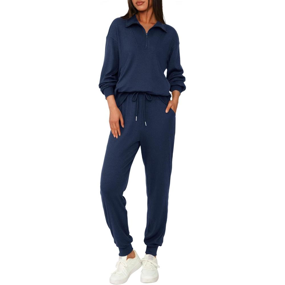 imageBTFBM Womens 2 Piece Tracksuit Spring Outfits 2026 Long Sleeve Half Zip Sweatshirt Sweatpants Lounge Set SweatsuitsSolid Navy
