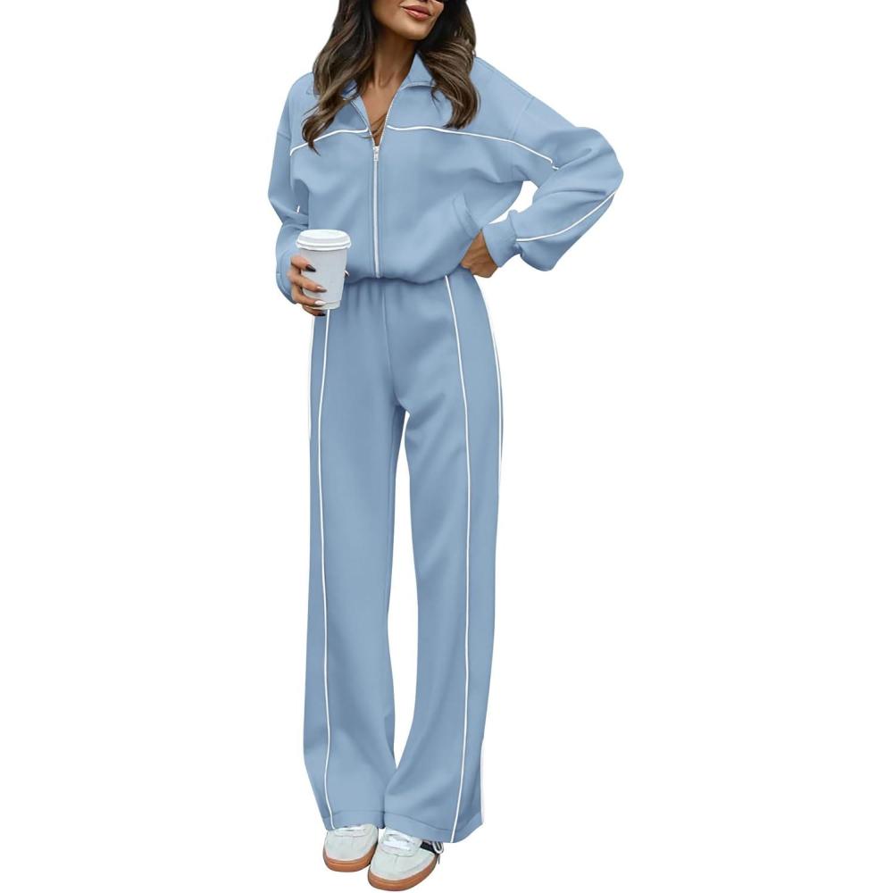 imageBTFBM Womens Two Piece Tracksuit Spring 2026 Long Sleeve Zip Up Sweatshirt Long Pants Outfits Jogger Sweatsuit SetsBlue