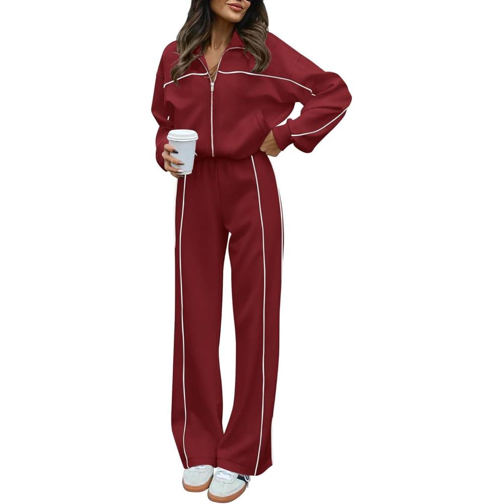 imageBTFBM Womens Two Piece Tracksuit Spring 2026 Long Sleeve Zip Up Sweatshirt Long Pants Outfits Jogger Sweatsuit SetsBrick Red