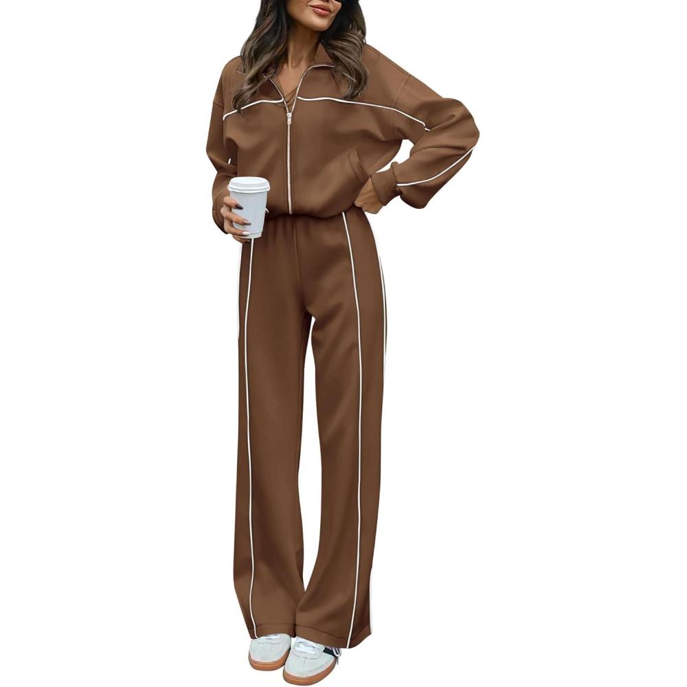 imageBTFBM Womens Two Piece Tracksuit Spring 2026 Long Sleeve Zip Up Sweatshirt Long Pants Outfits Jogger Sweatsuit SetsBrown