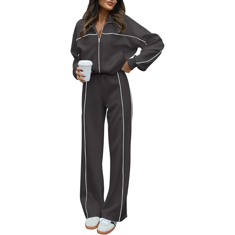 imageBTFBM Womens Two Piece Tracksuit Spring 2026 Long Sleeve Zip Up Sweatshirt Long Pants Outfits Jogger Sweatsuit SetsDark Grey