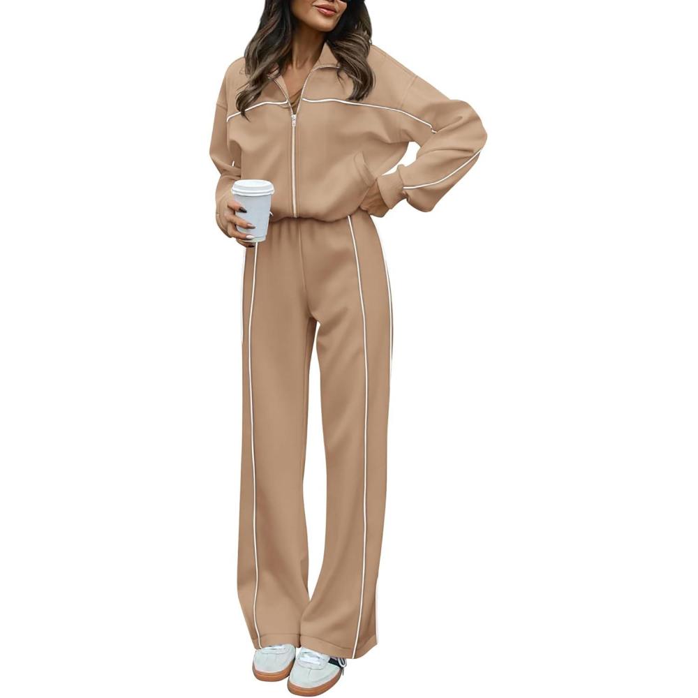 imageBTFBM Womens Two Piece Tracksuit Spring 2026 Long Sleeve Zip Up Sweatshirt Long Pants Outfits Jogger Sweatsuit SetsKhaki