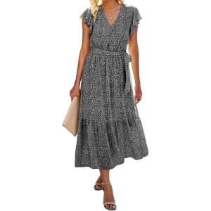 BTFBM Women Summer Bohemian Floral Casual Wrap V Neck Ruffle Cap Sleeveless Belt A-Line Pleated Hem Midi Sun Dress White(Black)