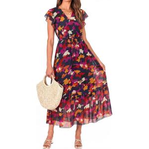 BTFBM Women Summer Bohemian Floral Casual Wrap V Neck Ruffle Cap Sleeveless Belt A-Line Pleated Hem Midi Sun Dress White(Blue Orange Flower)