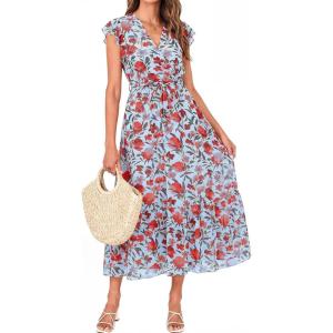 BTFBM Women Summer Bohemian Floral Casual Wrap V Neck Ruffle Cap Sleeveless Belt A-Line Pleated Hem Midi Sun Dress White(Blue Red Flower)